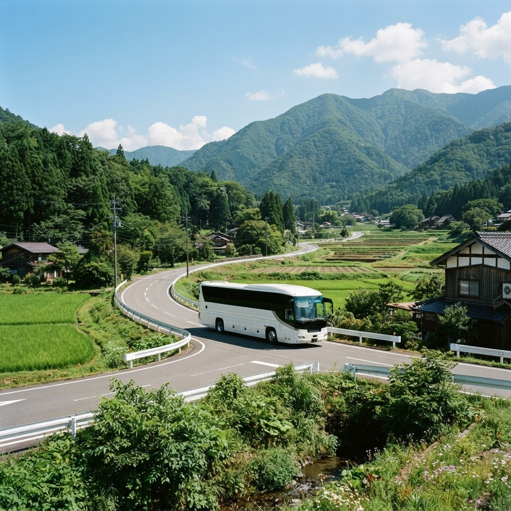 山あいの道を走る観光バス
