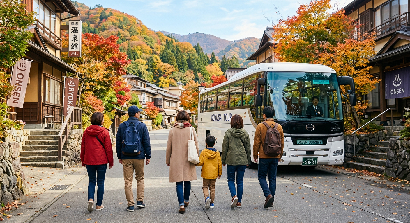 貸切バスへ向かう団体旅行の一行